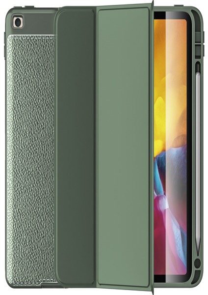 Apple iPad 10.2 Deri Görünümlü Stantlı Silikon Tablet Kılıfı - Yeşil