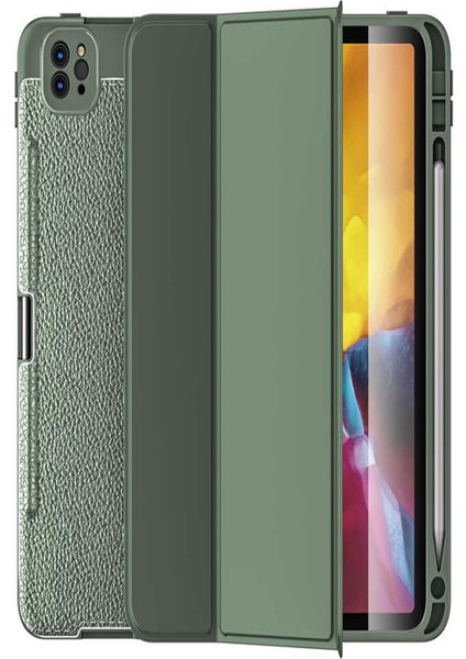 Apple iPad Pro 11 2020 Deri Görünümlü Stantlı Silikon Tablet Kılıfı - Yeşil