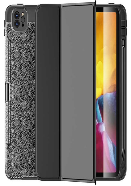Apple iPad Pro 11 2020 Deri Görünümlü Stantlı Silikon Tablet Kılıfı - Siyah