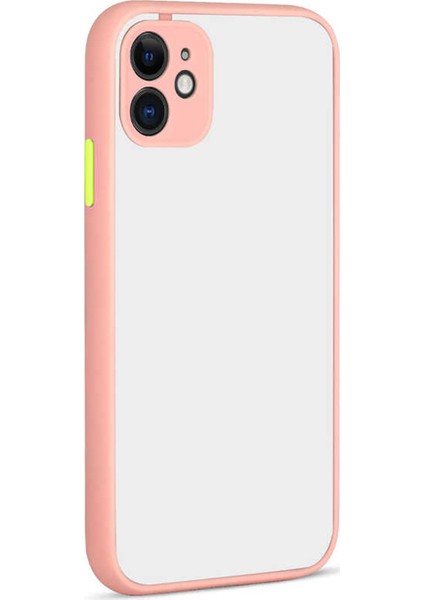 Apple iPhone 12 Kılıf Kamera Korumalı Silikon Kenarlı Renkli Düğmeli Mat Arka Kapak - Pudra