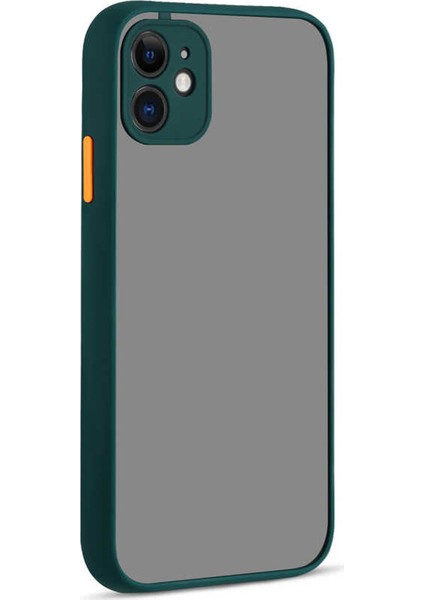 Apple iPhone 12 Kılıf Kamera Korumalı Silikon Kenarlı Renkli Düğmeli Mat Arka Kapak - Koyu Yeşil