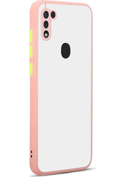 Samsung Galaxy A11 Kılıf Kamera Korumalı Silikon Kenarlı Düğmeleri Renkli Mat Arka Kapak - Pudra