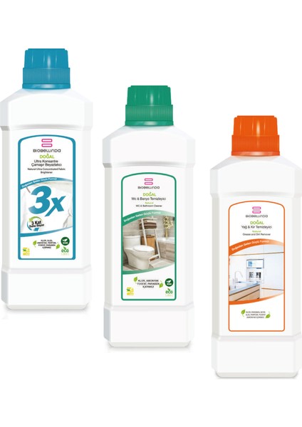 3x Çamaşır Beyazlatıcı 750 Gr + Wc & Banyo Temizleyici 1000 ml + Yağ & Kir Temizleyici 1000 ml