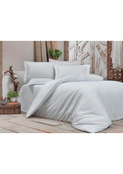 Stripe Çift Kişilik Pamuk Saten Nevresim Takımı Beyaz