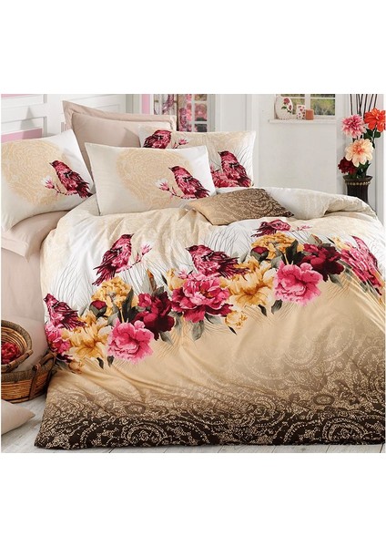 Çalı Kuşu %100 Pamuk Çift Kişilik Nevresim Takımı Kahve