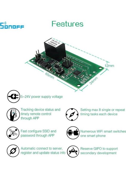 Sv 5V-24V Güvenli Gerilim Wifi Kablosuz Anahtarı Akıllı Ev App Kontrol Modülü