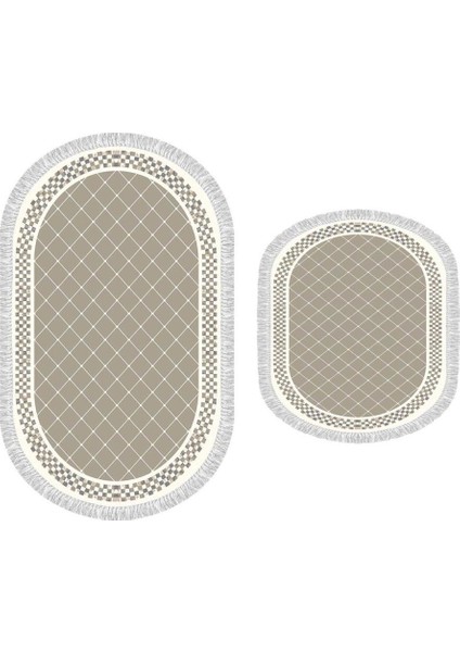 Oval Saçaklı 2'li Banyo Paspas Takımı Dama Cappucino
