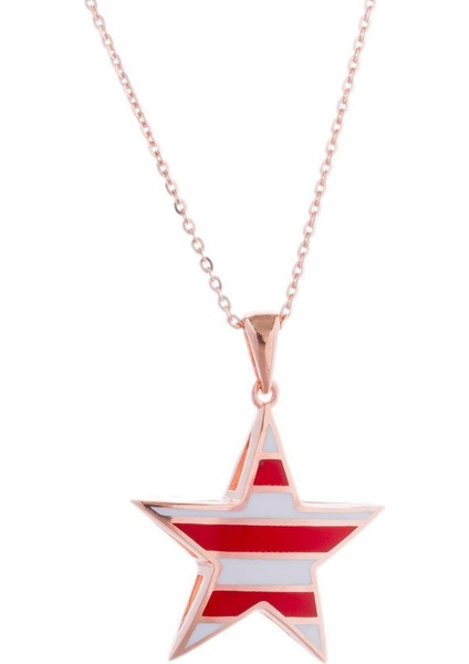 Bombeli Kırmızı Mineli Yıldız Rose Gold Kolye