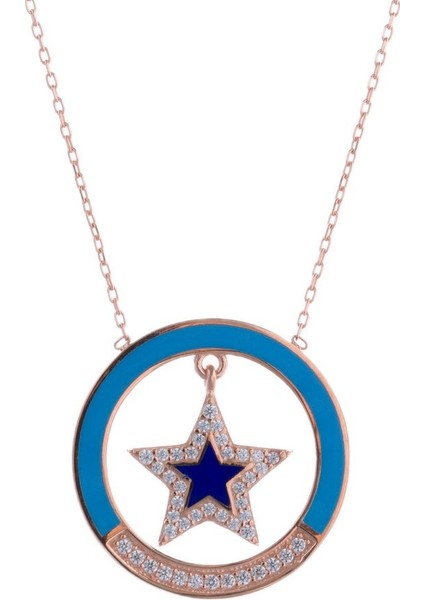 Yuvarlak Içi Lacivert Yıldızlı Rose Gold Kolye