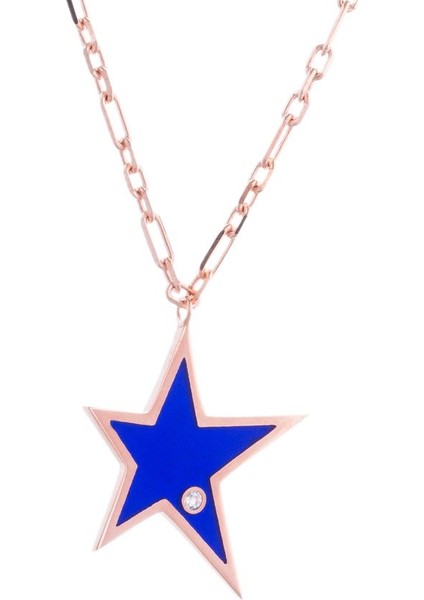 Yıldız Tektaş Detaylı Lacivert Rose Gold Kolye