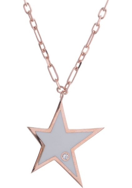 Yıldız Tektaş Detaylı Beyaz Rose Gold Kolye