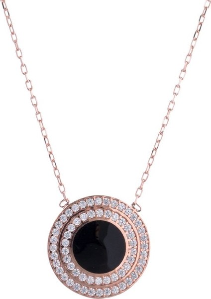 Siyah Mineli Disko Rose Gold Kolye