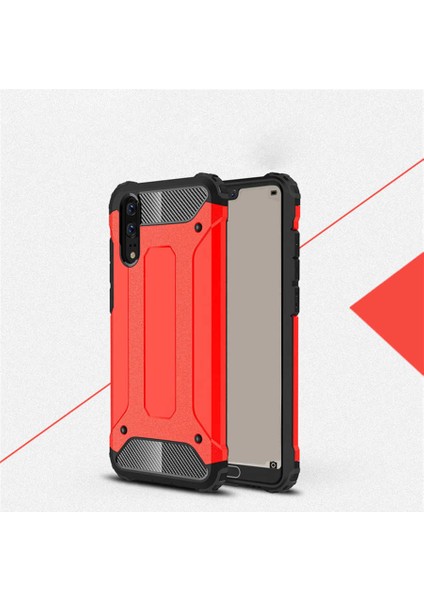 - Huawei P20 - Kılıf Çift Katman Zırh Tank Crash Military Kapak - Kırmızı - T2315