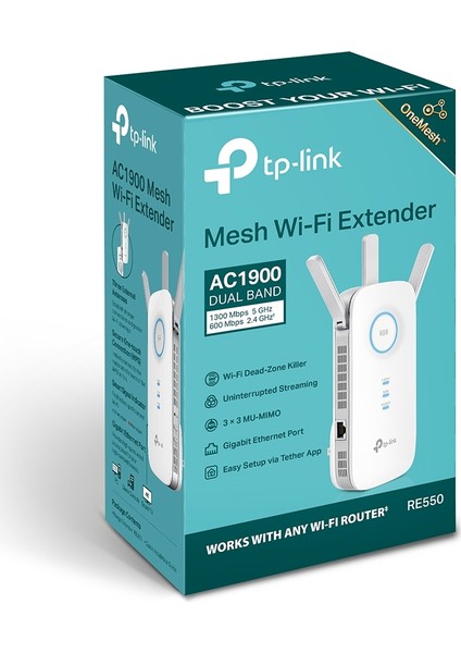 TP-Link RE550, AC1900 Mbps, 1 Gigabit Bağlantı Noktalı Wi-Fi Güçlendirici/Hotspot, Access Point Modu, Tüm Wi-Fi Yönlendiriciler ile Çalışır, Wi-Fi 5 Menzil Genişletici