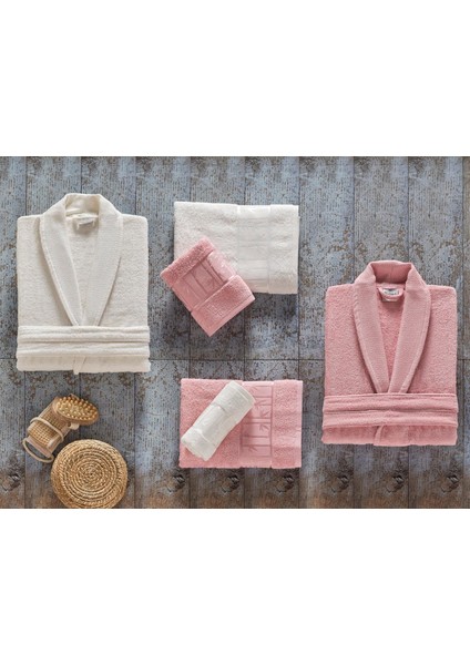 Arliva Gül Kurusu & Krem Rengi Bambu Aile Bornoz Takımı