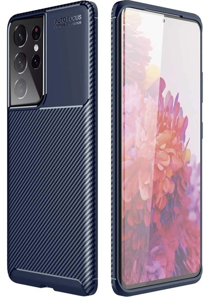 Samsung Galaxy S21 Ultra 5G Kılıf Negro Karbon Dizayn+Full Ekran Koruyucu Lacivert