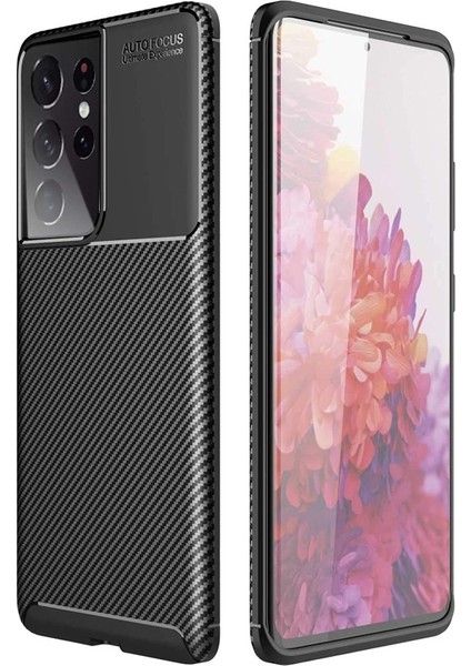 Samsung Galaxy S21 Ultra 5G Kılıf Negro Karbon Dizayn+Full Ekran Koruyucu Siyah