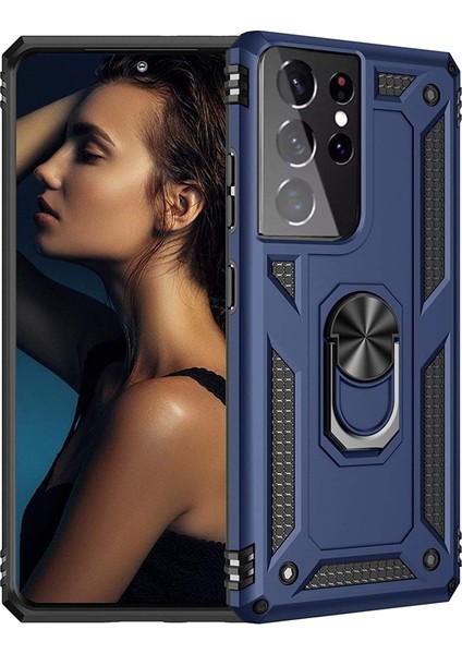 Samsung Galaxy S21 Ultra 5G Kılıf Tank Koruma Vega Standlı Yüzüklü Mıknatıslı Lacivert