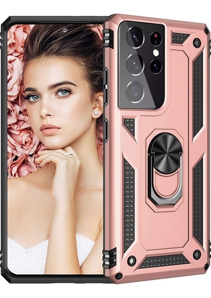 Samsung Galaxy S21 Ultra 5G Kılıf Vega Standlı Yüzüklü Mıknatıslı+Full Ekran Koruyucu Bronz