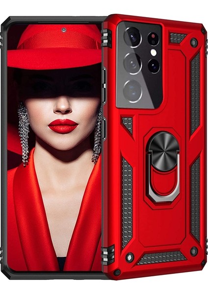 Samsung Galaxy S21 Ultra 5G Kılıf Vega Standlı Yüzüklü Mıknatıslı+Full Ekran Koruyucu Kırmızı