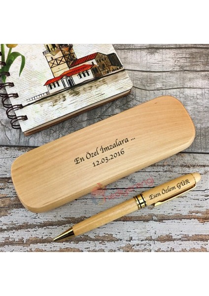 İsme Özel Ahşap Kutulu Ahşap Tükenmez Kalem Seti Model 1