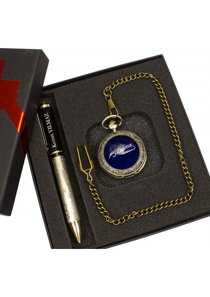 İsme Özel Atatürk Temalı Köstekli Saat Ve Kalem Seti Tasarım Kutulu M4