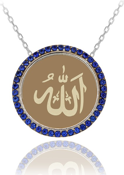 Safir Taşlı Yuvarlak Allah Yazılı Gümüş Kolye