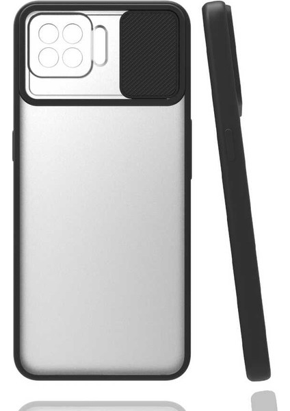 - Oppo Reno 4 Lite - Kılıf Slayt Sürgülü Arkası Buzlu Lensi Kapak - Siyah - T16238