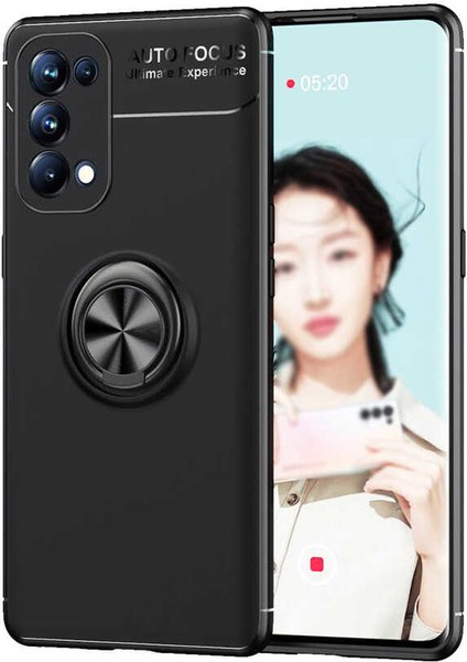Oppo Reno 5 5G Kılıf Ultra Korumalı Yüzüklü Manyetik Ravel Silikon + Tam Kaplayan 6D Polymer Nano Ekran Koruyucu Siyah