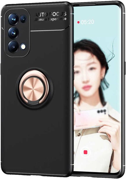 - Oppo Reno 5 5G - Kılıf Yüzüklü Karbon Ravel Silikon Kapak - Siyah-Rose Gold - T16222