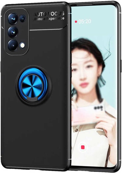 - Oppo Reno 5 Pro 5G - Kılıf Yüzüklü Karbon Ravel Silikon Kapak - Siyah-Mavi - T16223
