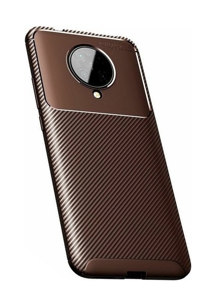 Xiaomi Poco F2 Pro Kılıf Karbon Desenli Lux Neyro Silikon + Cam Ekran Koruyucu Kahverengi