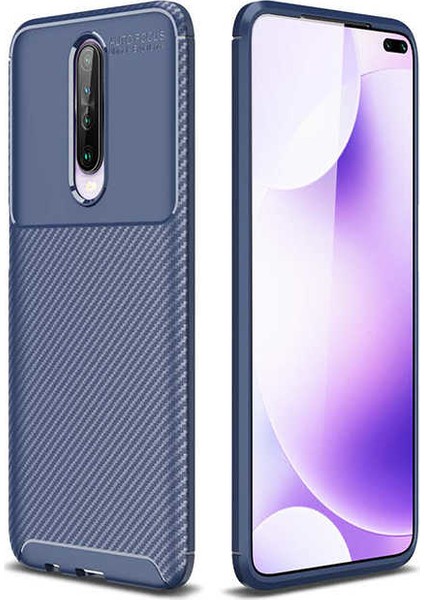 Xiaomi Poco X2 Kılıf Karbon Desenli Lux Neyro Silikon + Cam Ekran Koruyucu Lacivert