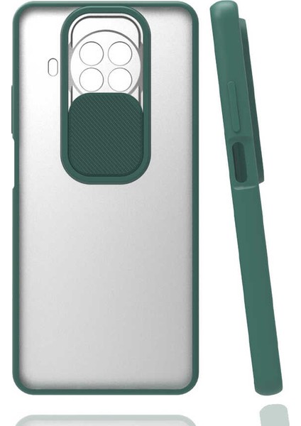 - Xiaomi Redmi Note 9 Pro 5G - Kılıf Slayt Sürgülü Arkası Buzlu Lensi Kapak - Koyu Yeşil