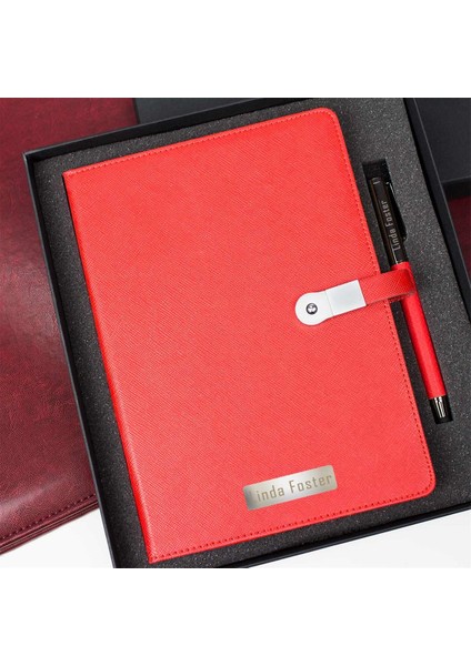 Hediye Rengi Kişiye Özel 16 Gb Hafızalı USb'li Defter Ve Kalem Seti Kırmızı