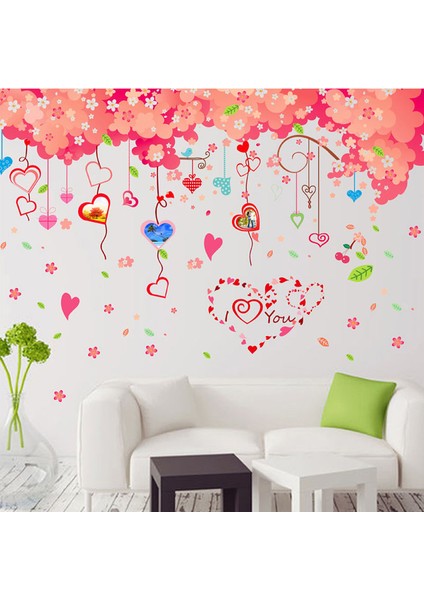 Kt Decoration Dev Boyutlu Ağaç Kırmızı Pembe Çiçekler ve Kalpler Ev Pvc Duvar Sticker