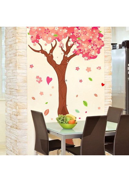 Kt Decoration Dev Boyutlu Ağaç Kırmızı Pembe Çiçekler ve Kalpler Ev Pvc Duvar Sticker