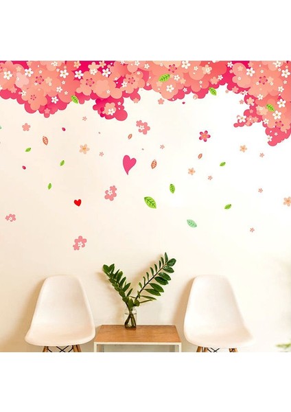 Kt Decoration Dev Boyutlu Ağaç Kırmızı Pembe Çiçekler ve Kalpler Ev Pvc Duvar Sticker