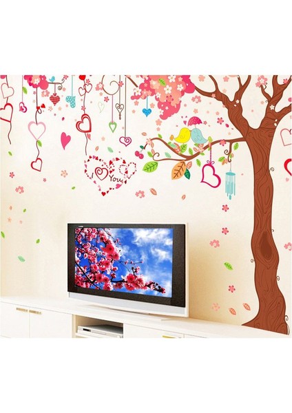 Kt Decoration Dev Boyutlu Ağaç Kırmızı Pembe Çiçekler ve Kalpler Ev Pvc Duvar Sticker