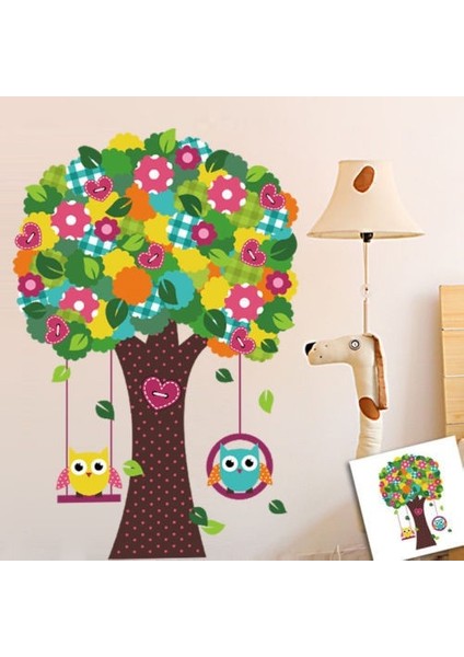 Kt Decoration Bebek ve Çocuk Odası Dekorasyonu Renkli Ağaç ve Baykuşlar Pvc Duvar Sticker Yapıştırma Dekor