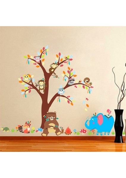 Kt Decoration Ayı Fil ve Ağaçta Hayvanlar Bebek ve Çocuk Odası Pvc Duvar Sticker