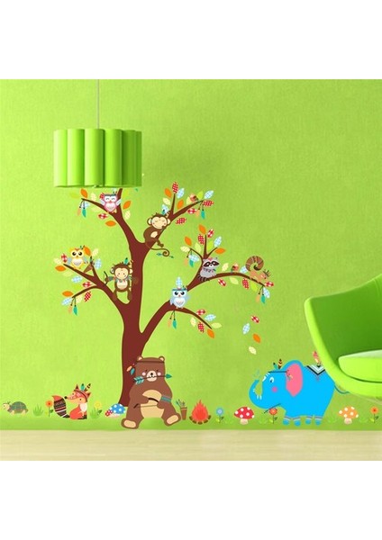Kt Decoration Ayı Fil ve Ağaçta Hayvanlar Bebek ve Çocuk Odası Pvc Duvar Sticker