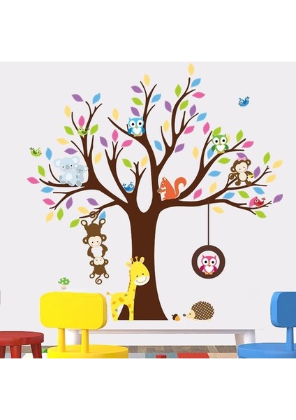 Kt Decoration Renkli Ağaç Maymun ve Baykuşlar Çocuk ve Bebek Odası Pvc Duvar Sticker