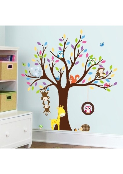 Kt Decoration Renkli Ağaç Maymun ve Baykuşlar Çocuk ve Bebek Odası Pvc Duvar Sticker modelleri