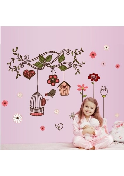 Kt Decoration Ağaç Dalı Kuşlar Çiçekler Ev Dekorasyonu Duvar Dekoru Sticker Çıkartma