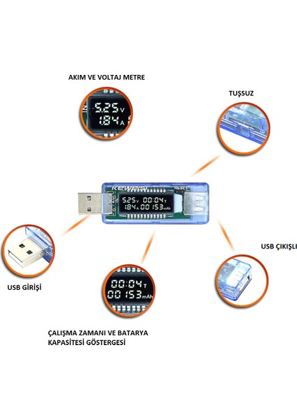 Zauss Keweisi Usb Voltmetre Ampermetre Usb Şarj Kapasitesi Test Cihazı