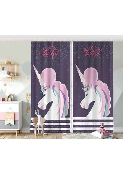 Çift Kanat Baby Shower Unicorn At Tasarımlı Çocuk Odası Fon Perde
