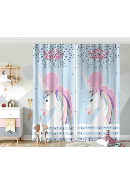 Çift Kanat Baby Shower Unicorn At Tasarımlı Çocuk Odası Fon Perde