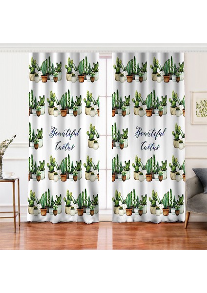 Çift Kanat Beatiful Cactus Baskılı Dijital Salon Fon Perdesi