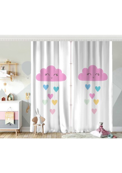 RealHomes Çift Kanat Beyaz Zeminde Pembe Bulutlu Baby Shower Çocuk Odası Fon Perde